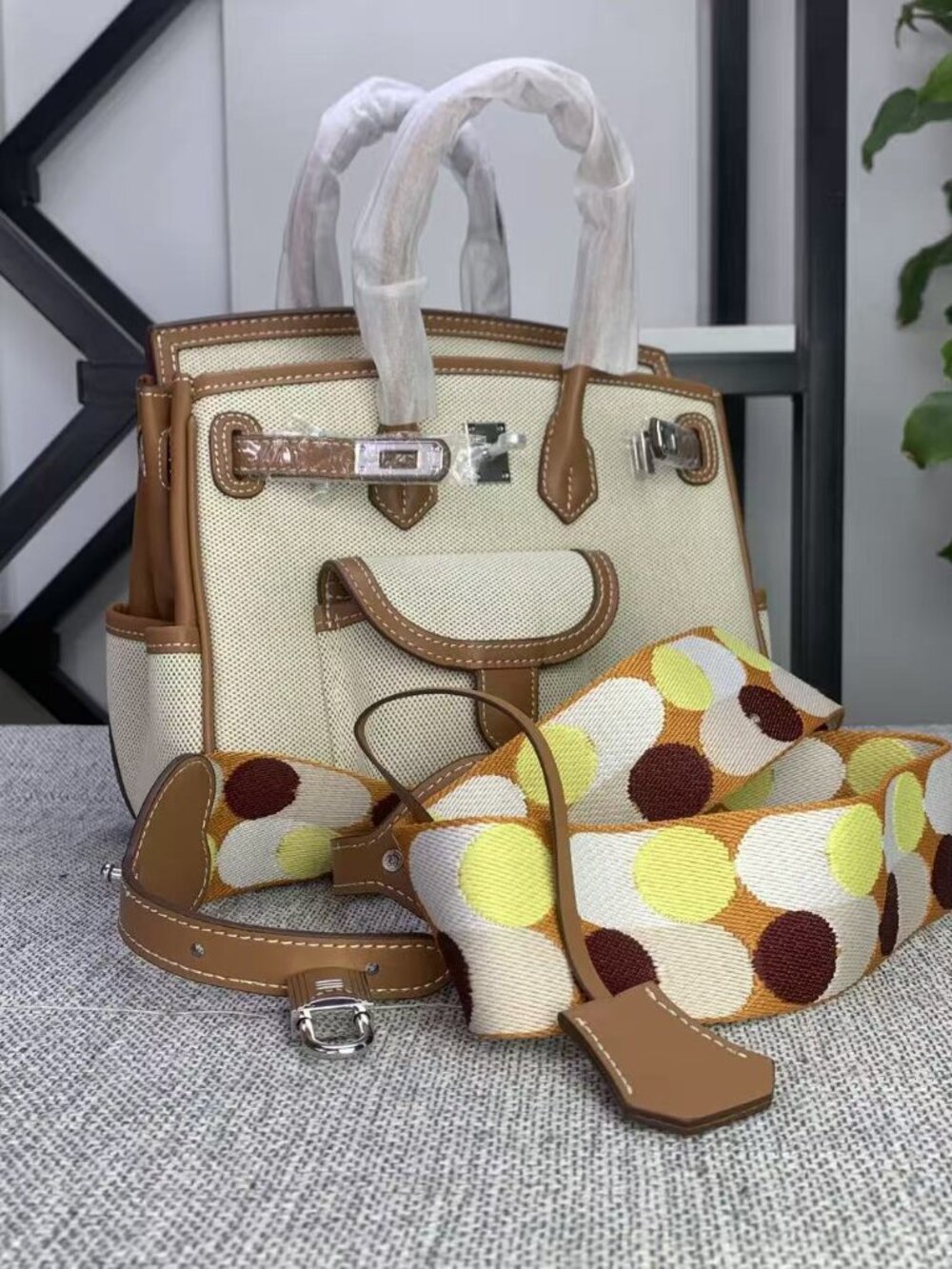 Luxury Top Layer Cowhide & Canvas Top Handle Bag with Strap